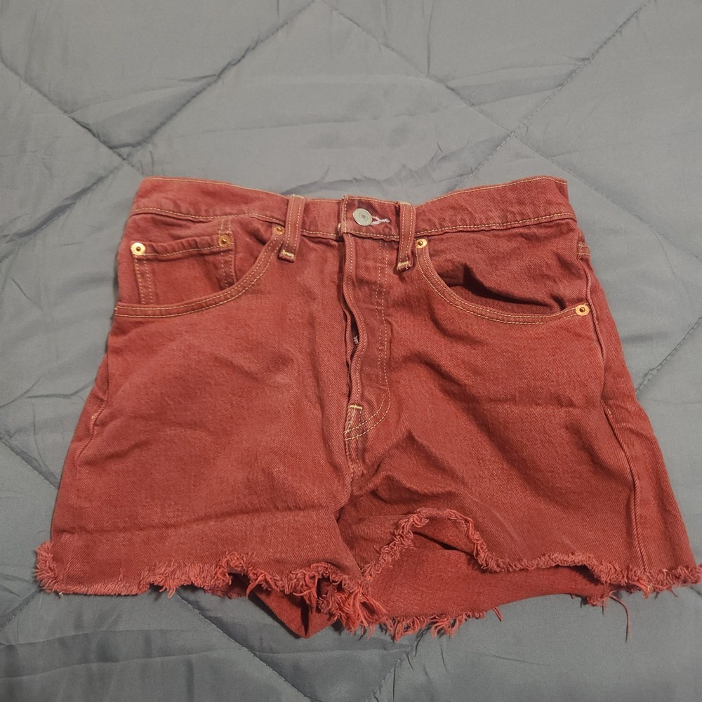 Levi's 501 Shorts Women's 27 Cut Off Denim Rust Red Button Fly High Rise